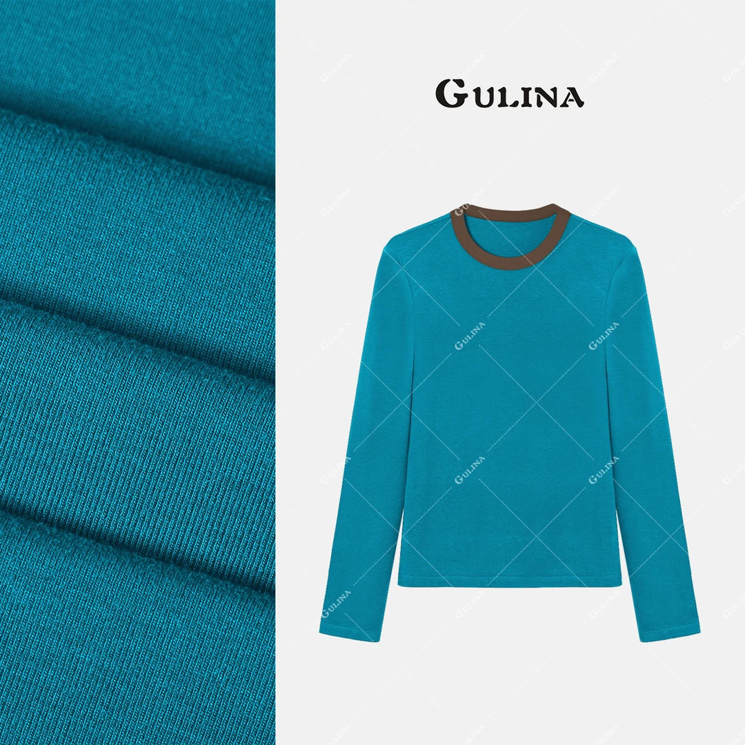 GULINA/娜姐秋季欧洲站设计师经典显瘦百搭拼接长袖T恤68263