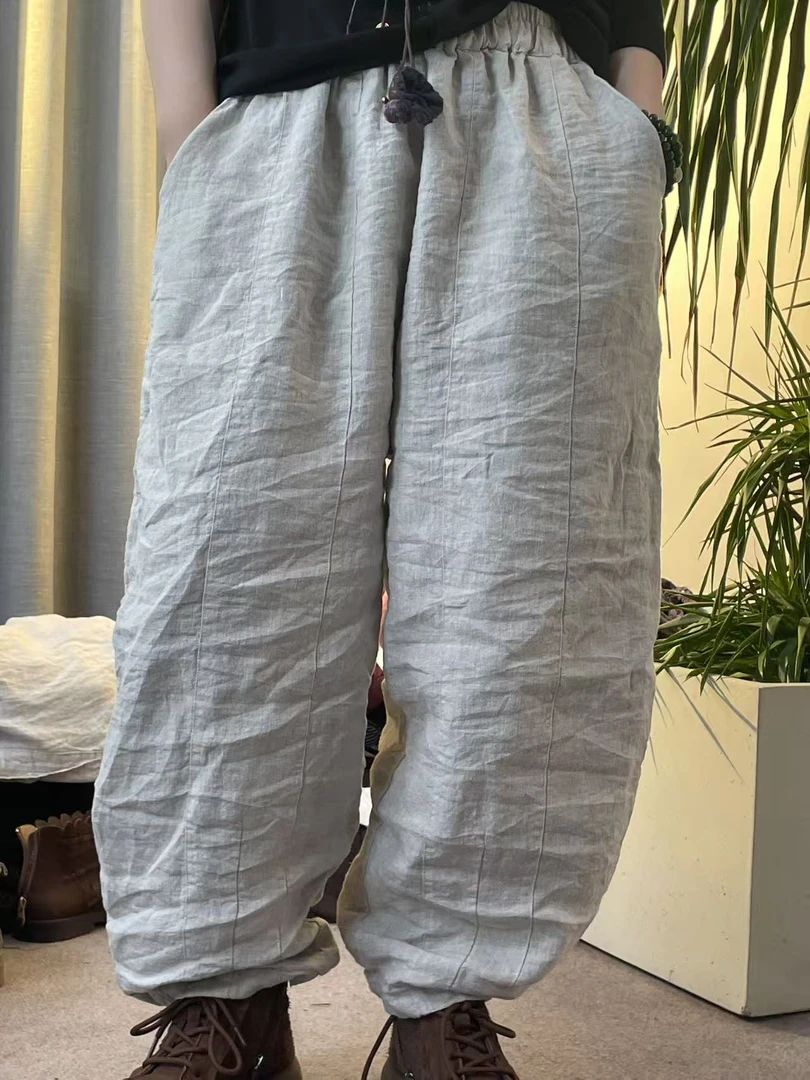亚麻南瓜裤纯色双层亚麻长裤女