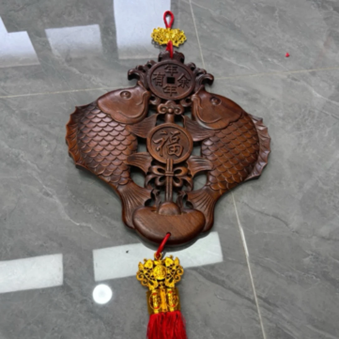 东阳木雕 年年有鱼直径30cm 香樟木实木雕刻挂件