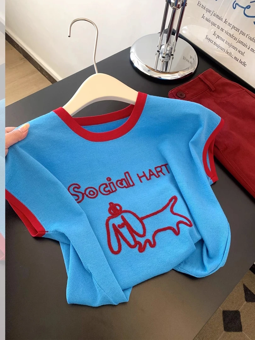 克莱因蓝小狗印花坎肩短袖T恤女2025夏季新款多巴胺小众气质上衣