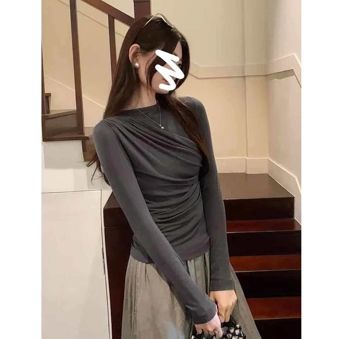 圆领褶皱内搭长袖T恤早秋季打底衫女2025新款小个子美式紧身上衣