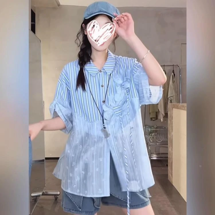 大码设计感网纱拼接条纹衬衫女夏季胖mm显瘦韩系休闲百搭短袖衬衣