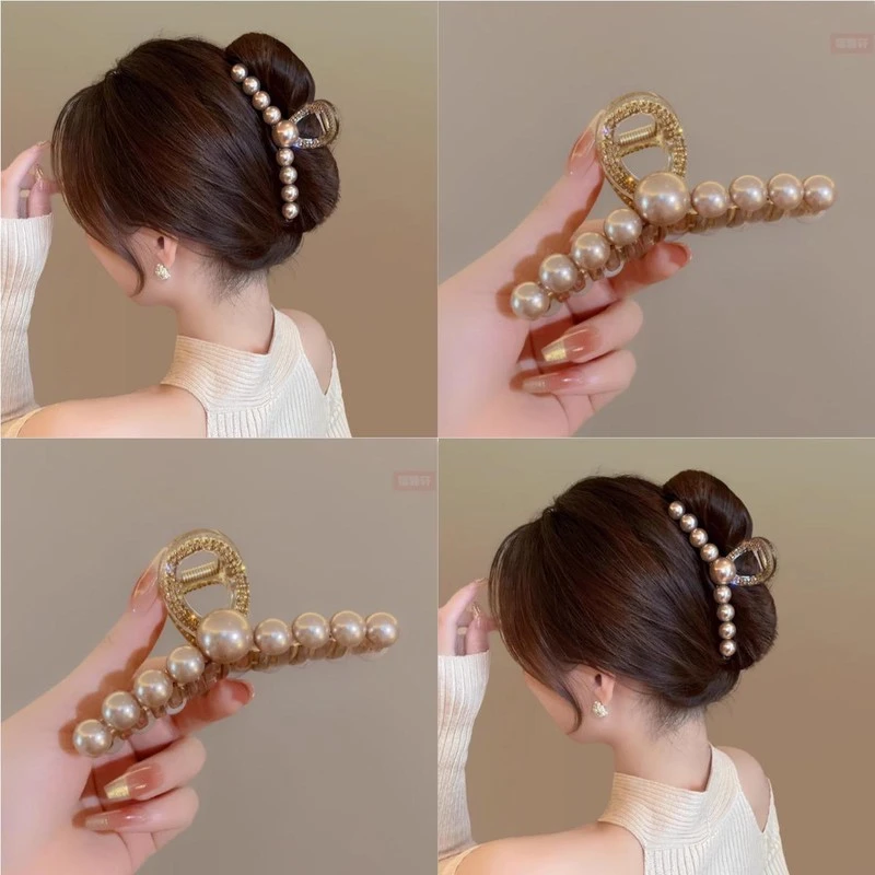 咖色珍珠水钻抓夹女后脑勺盘发鲨鱼夹大号发夹旅行发卡高级感头饰