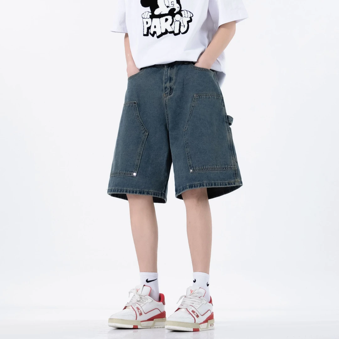 三七-美式宽松牛仔裤中腰短裤复古ins水洗休闲男士夏季常规款