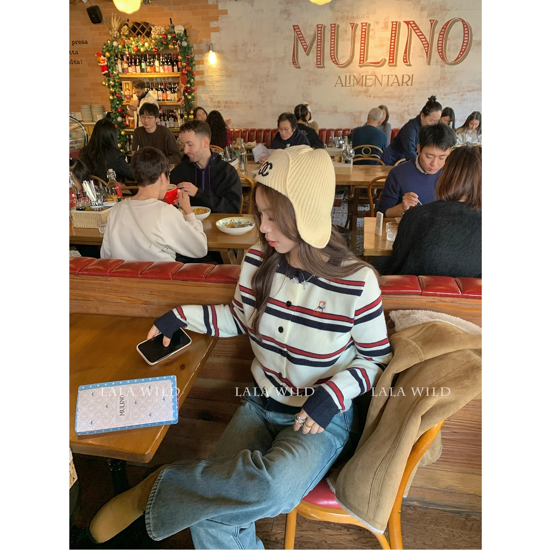 野生辣辣微胖mm 条纹撞色针织毛衣外套秋冬韩系宽松休闲开衫上衣