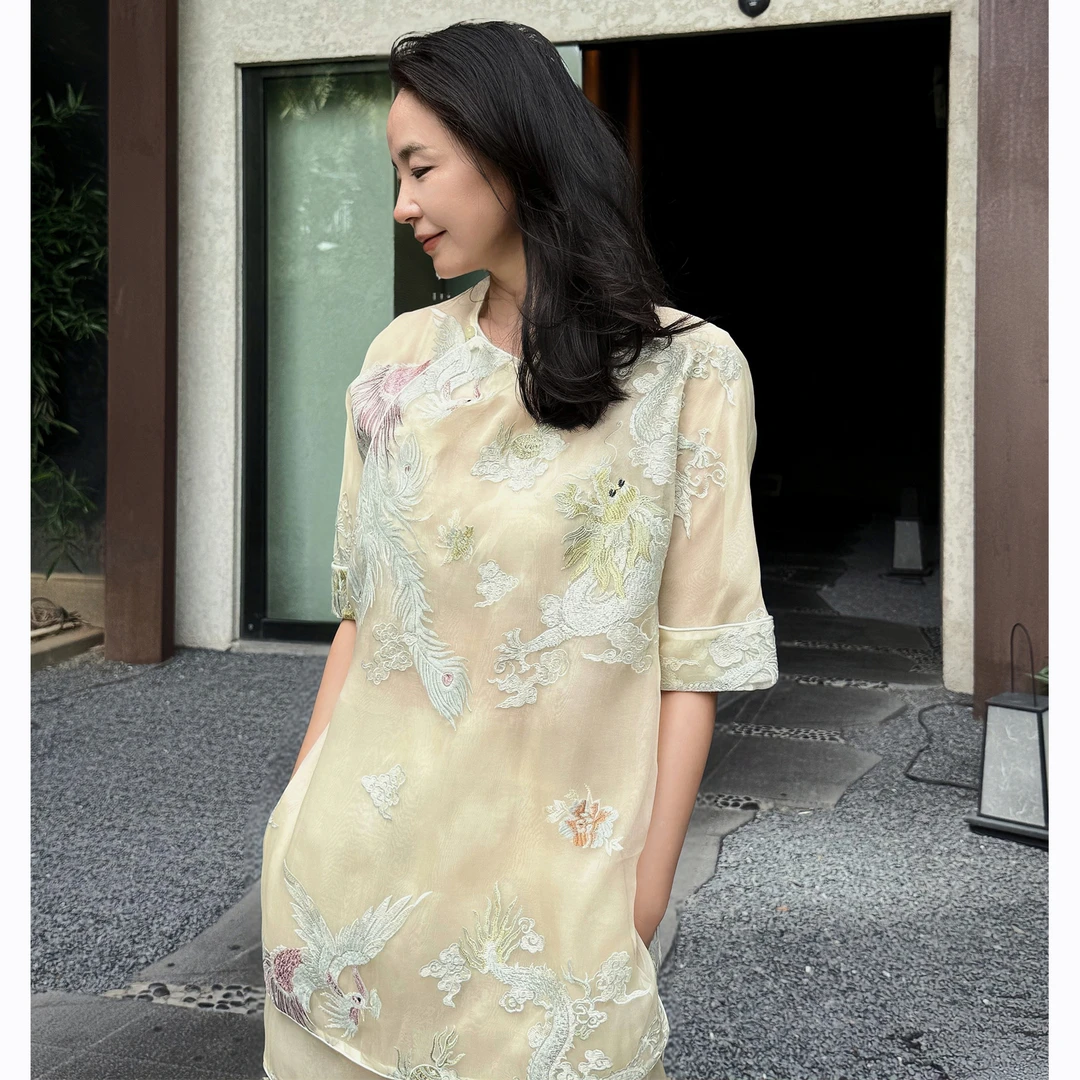 Roman 曼姐专属 新中式真丝刺绣上衣短裤两件套