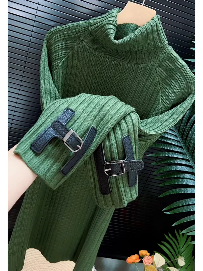 韩系袖子皮卡高领针织衫女秋季2025新款宽松显瘦百搭绿色长袖毛衣