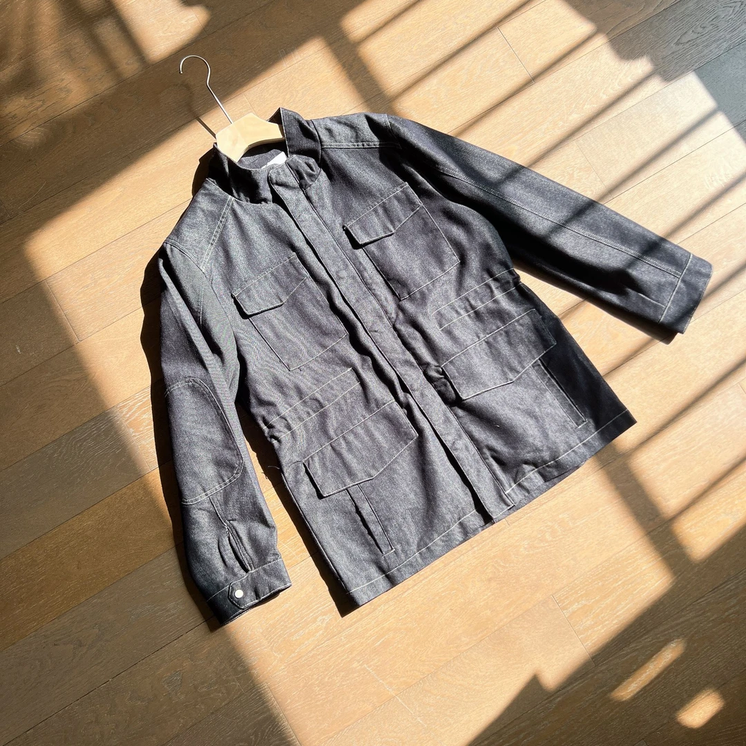 【25FW】春季新款立领硬汉英伦丝光牛仔中长款修身复古猎装夹克