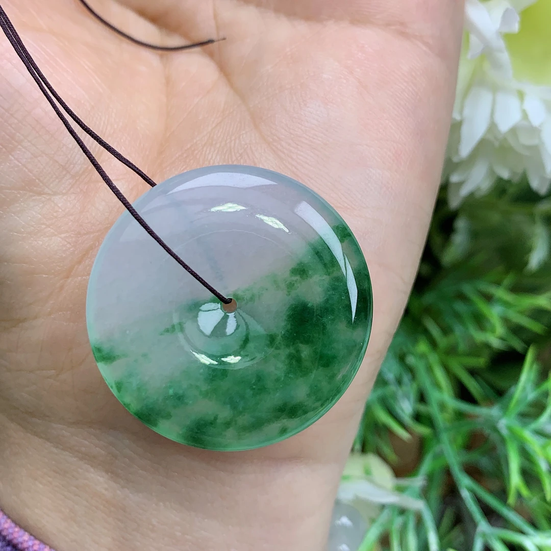 缅甸天然翡翠a货玉石冰种起胶飘绿花平安扣吊坠钟尺寸32/5.3mm