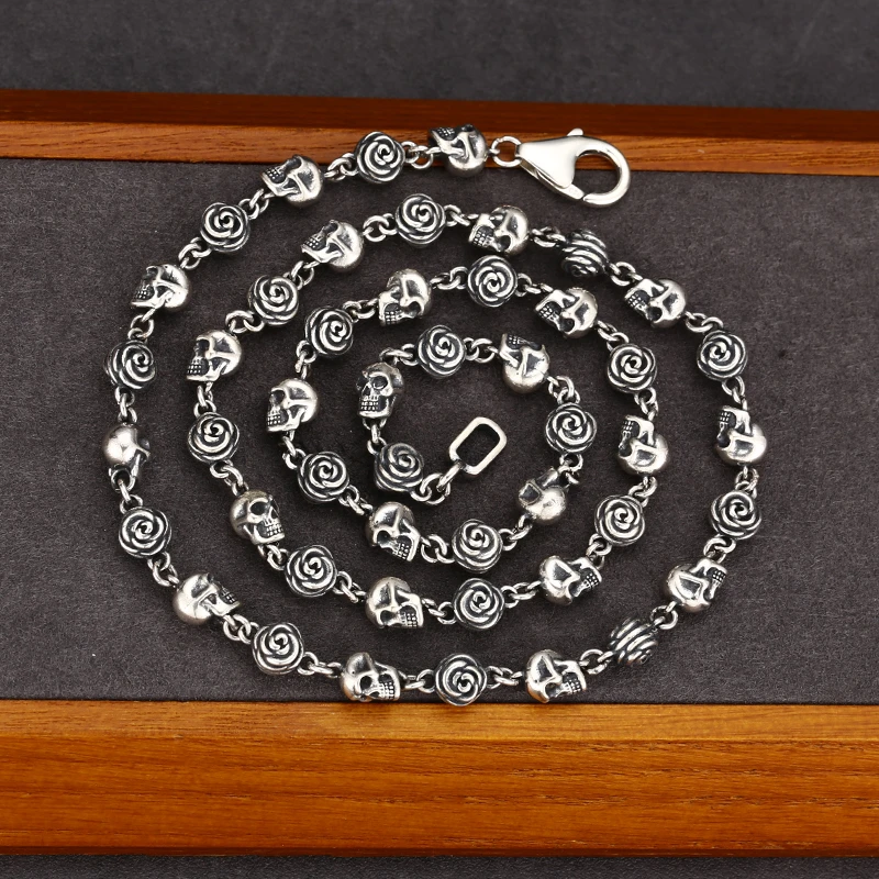 链子925银 时尚玫瑰骷髅手链 流行女士锁骨颈链