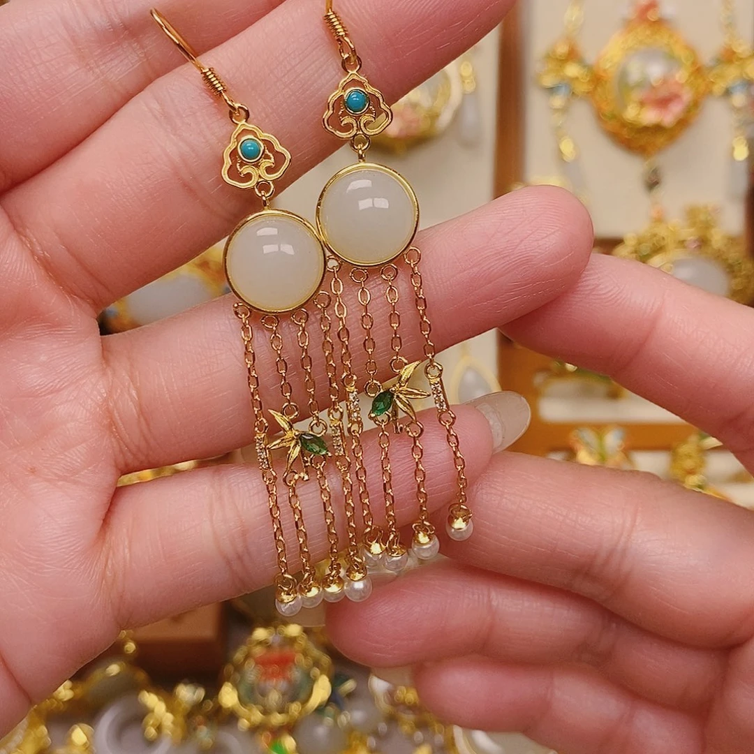 和田玉银S925镀金镶嵌耳饰