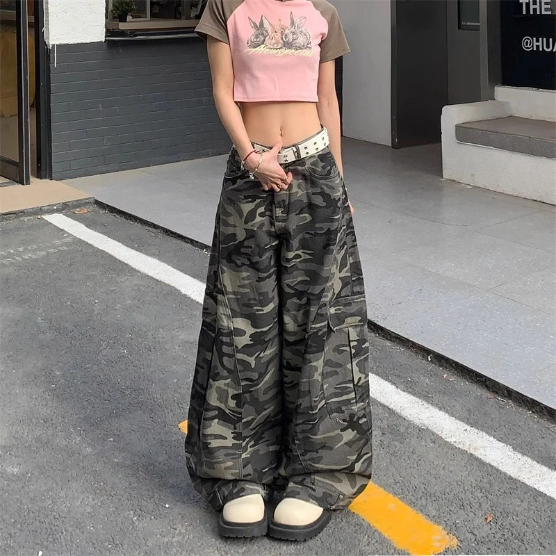复古迷彩微喇拖地牛仔裤女2025年新款春夏季高腰宽松直筒阔腿裤子