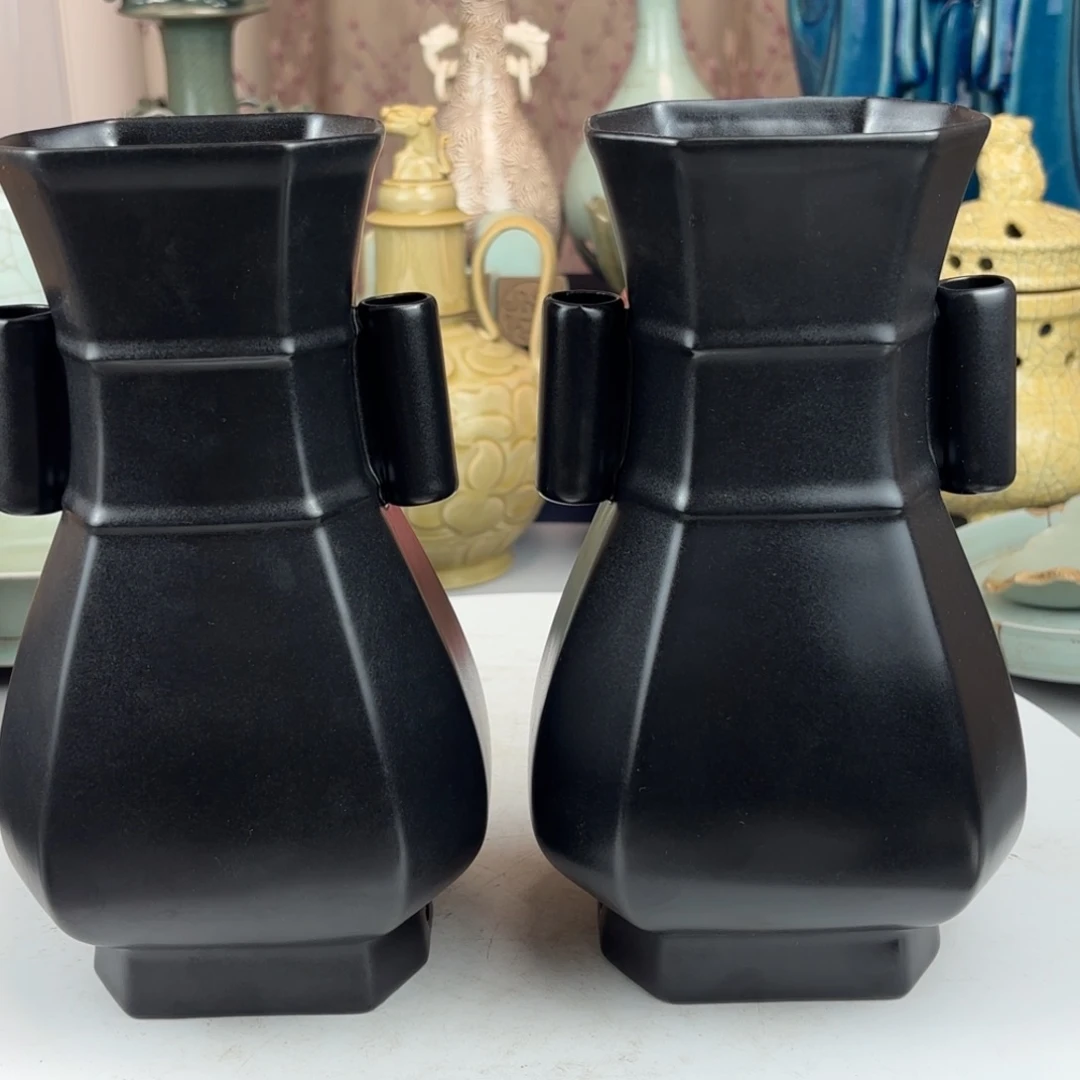 龙***海摆件黑汝瓶子一对儿出