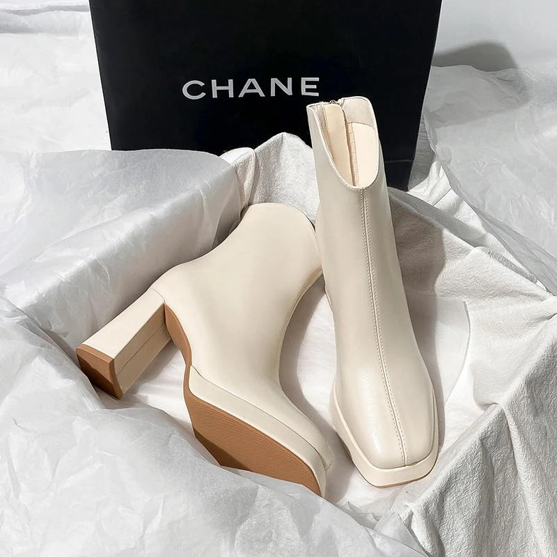 商场同款真软皮高跟厚底女2025款加绒防水台瘦瘦靴方头粗跟马丁靴