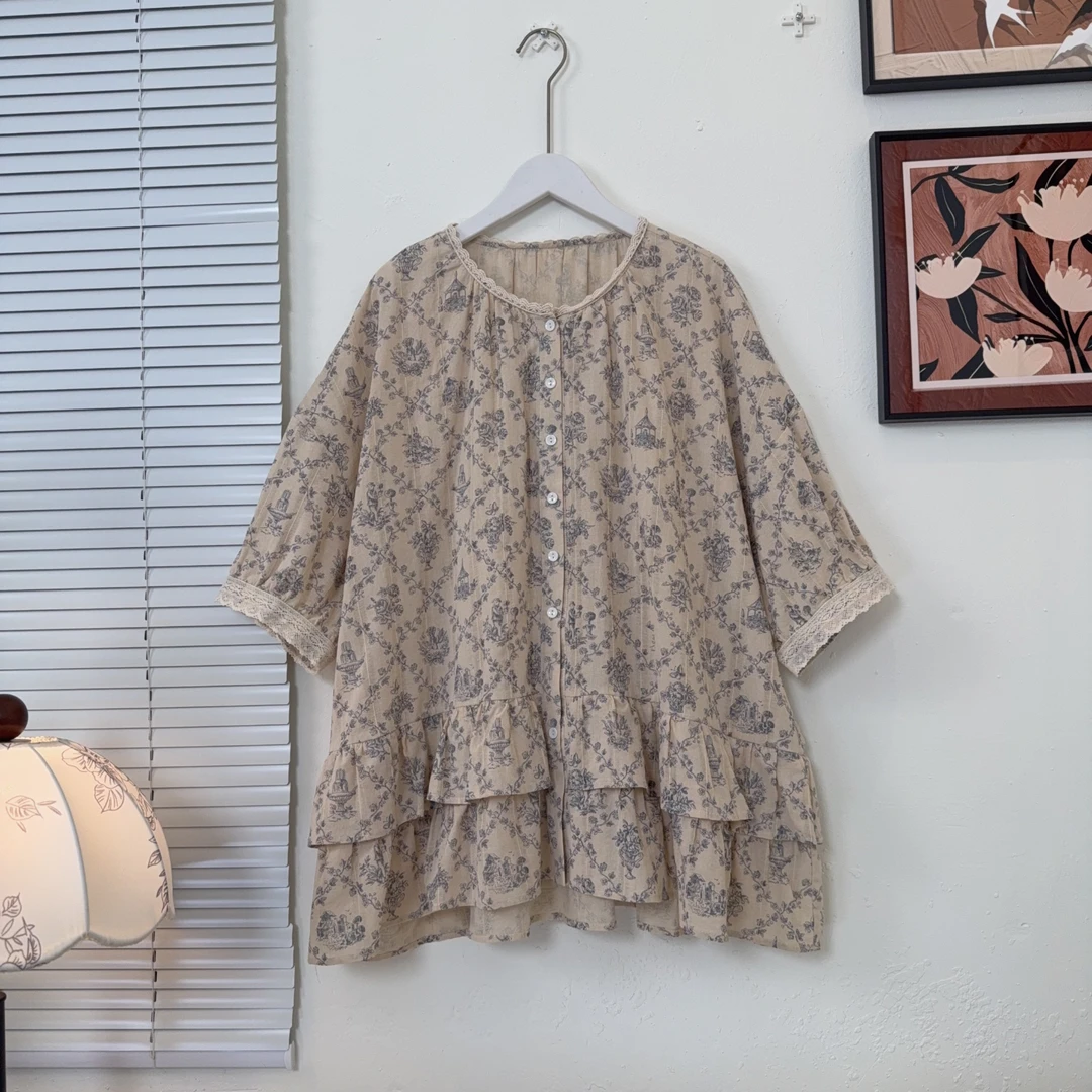 复古文艺中袖衬衫蓝色系碎花温柔知性国风气质大码宽松百搭