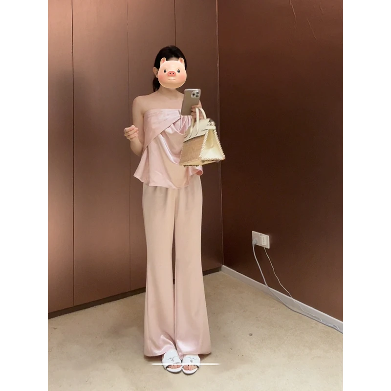 2025春夏季新款气质抹胸套装女夏季纯欲性感上衣垂感高腰直筒长裤