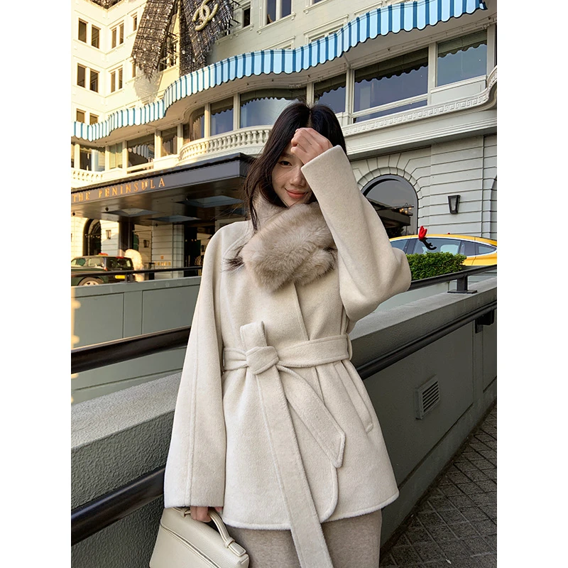 YOKLASS少女家 杏色休闲加厚单面呢外套中长款气质上衣N29114S44