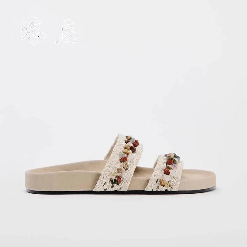 淳启厚底民族拖鞋夏外穿2025新款珠串编织一字拖仙风度假沙滩凉鞋