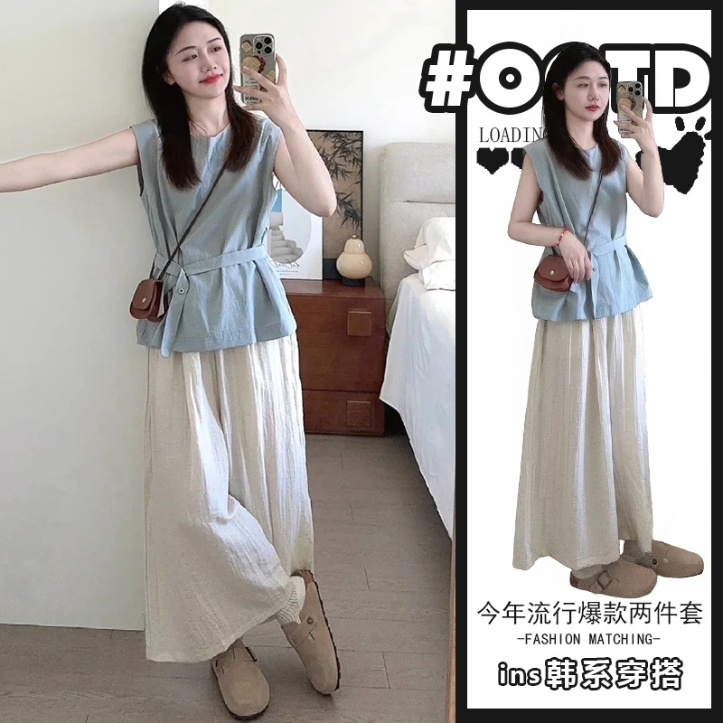 大方得体穿搭一整套2025夏季无袖收腰上衣阔腿裤洋气两件套女