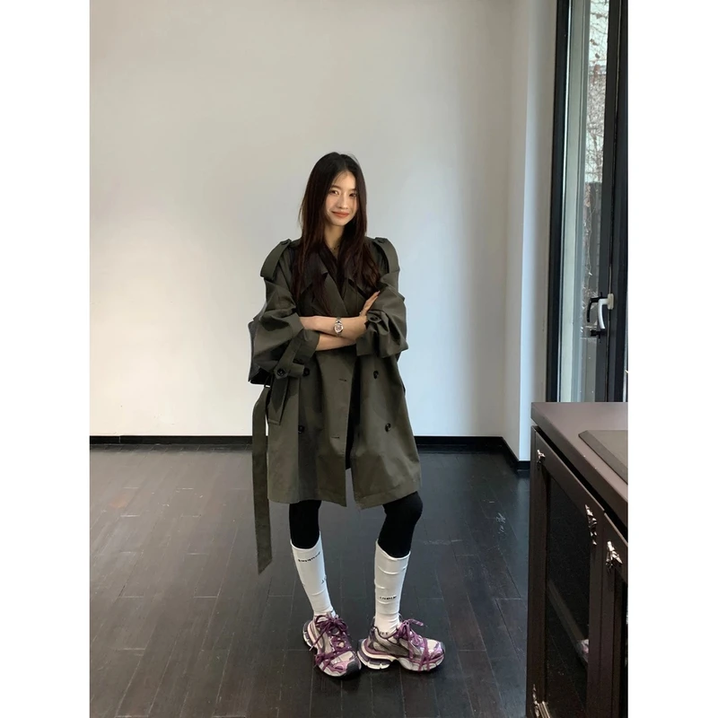 系带风衣外套女2025春秋新款小个子复古韩系中长款高级感宽松大衣