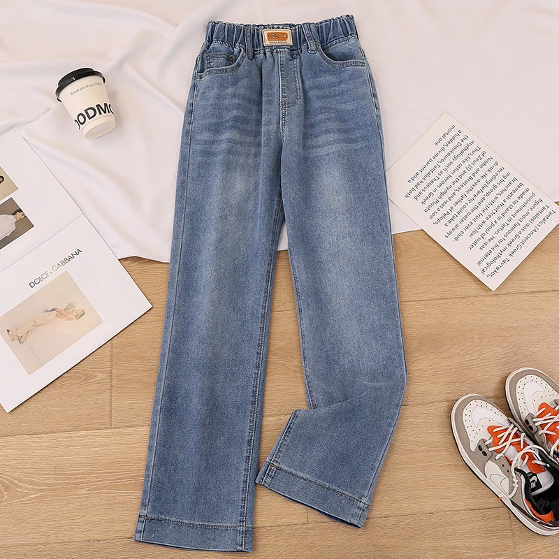 松紧腰九分牛仔裤女春秋2025新款大码宽松胖mm小个子复古直筒裤子