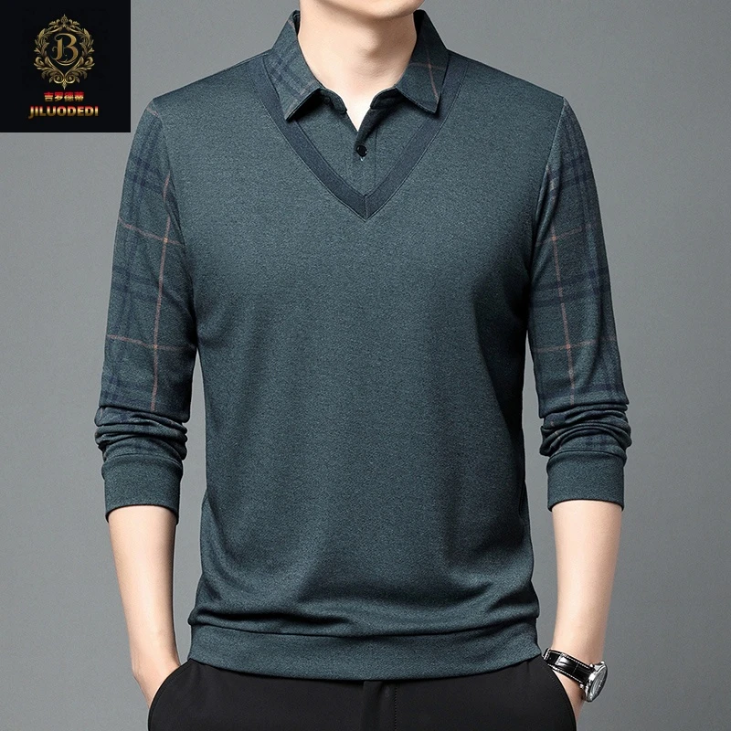 春秋假两件男士长袖T恤中年宽松爸爸体恤薄款纯棉翻领条纹POLO衫