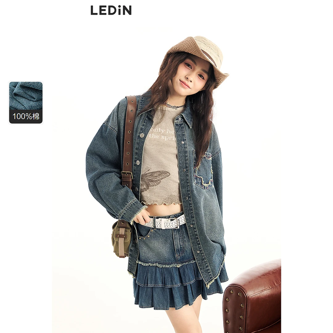 乐町复古星星牛仔衬衫1699