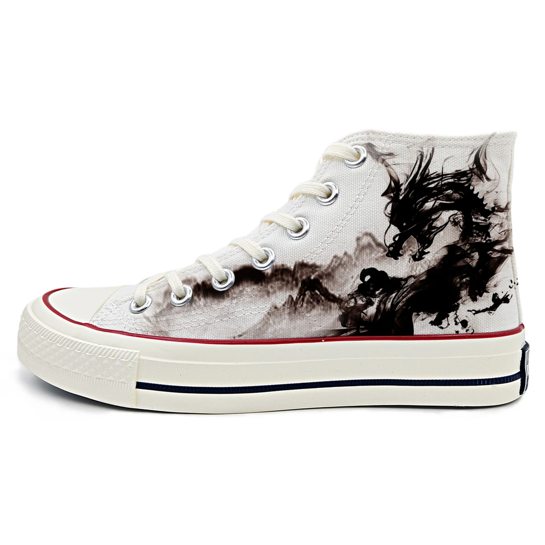 雷泽兽中国风水墨龙熊猫樱花高帮手绘帆布鞋国潮情侣涂鸦鞋印花鞋