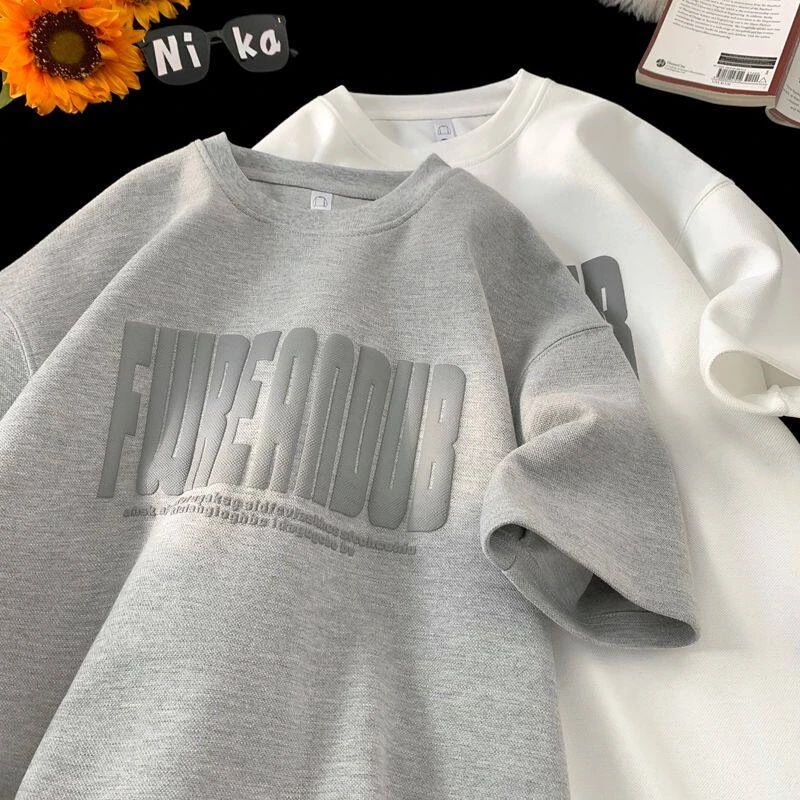 夏季重磅透气网眼短袖男女高级质感挺括显瘦发泡印花T恤ins五分袖