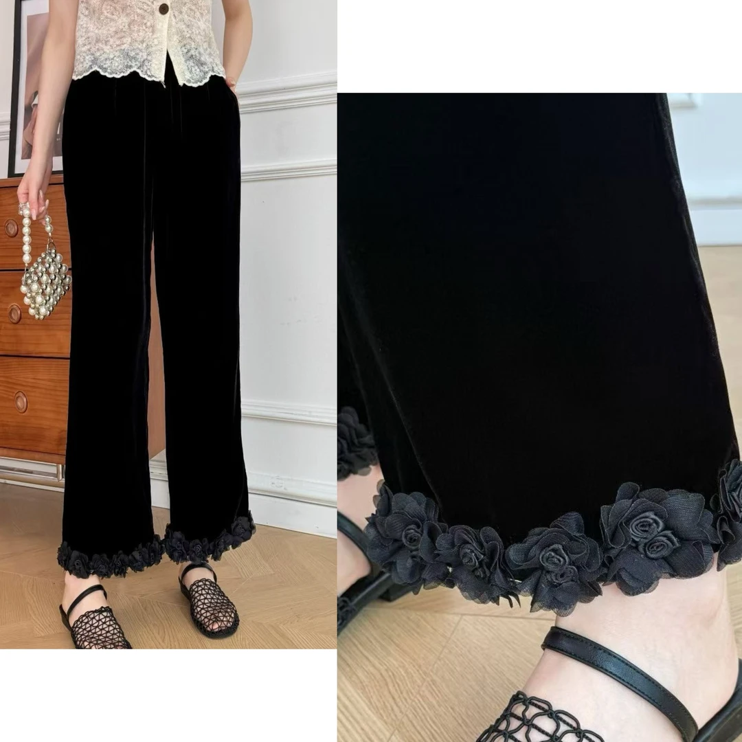 Miss.Z【真丝丝绒】夏季拼接立体花朵九分直筒裤#k6235