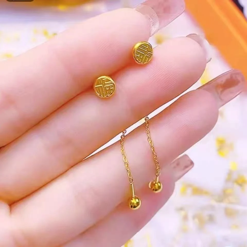 铜合金耳饰 福字牌-福字耳线简约轻奢饰品百搭时尚精致气质金色