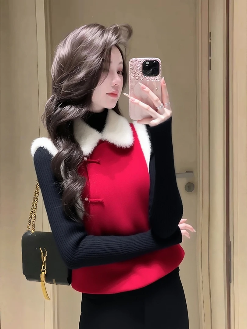 马甲2025新款今年流行爆款圣诞新年小个子新中式国风红色毛边马夹