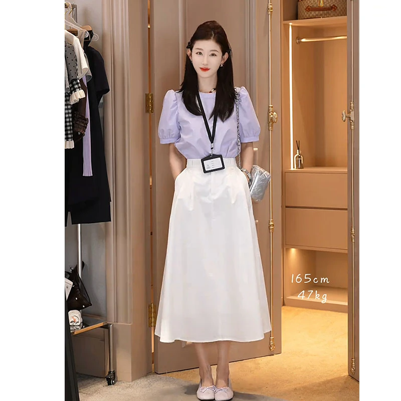 夏季温柔穿搭2025新款韩版简约休闲百搭上衣高腰显瘦半身裙两件套