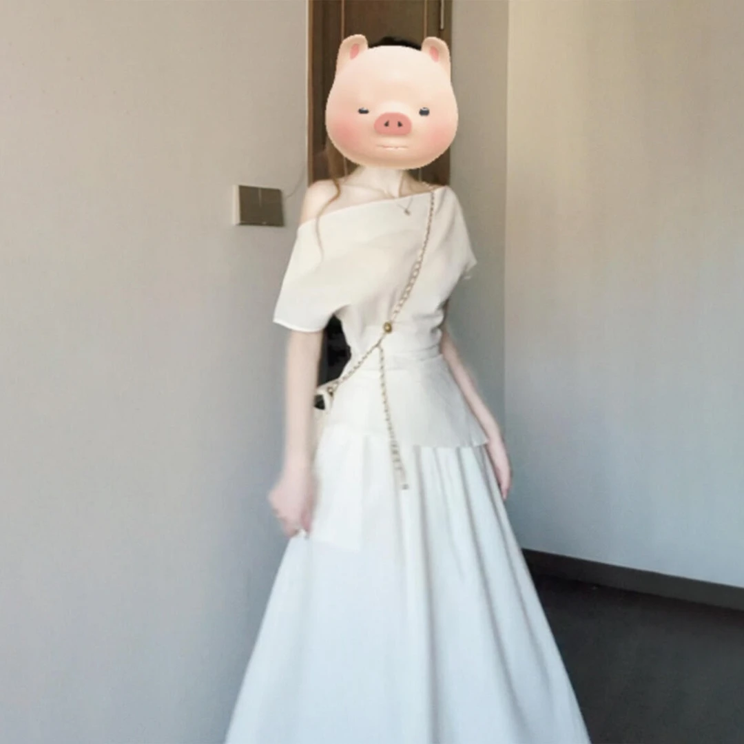 一字肩白色连衣裙子女夏季2025新款夏日绝美气质一整套装ootd穿搭