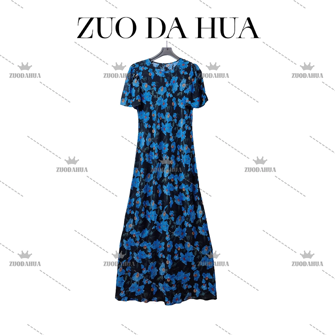 左大花 蓝花印花真丝连衣裙女夏季薄款新中式桑蚕丝收腰短袖裙子