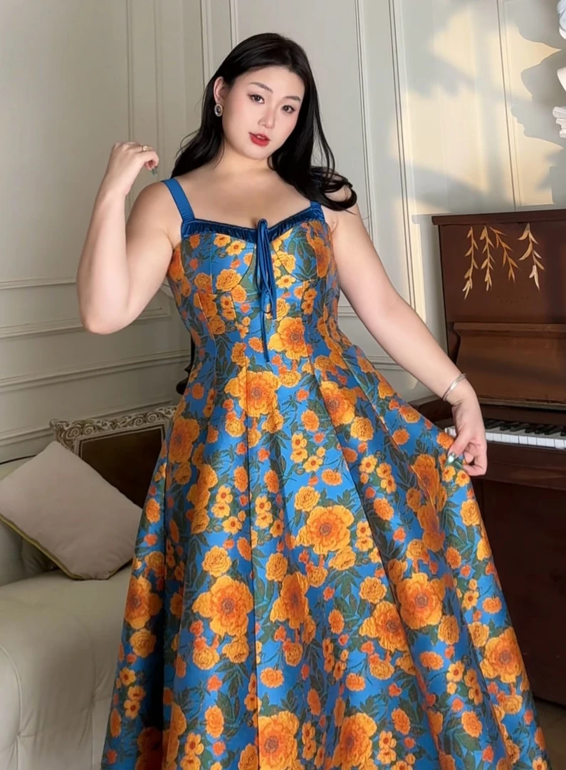 羊羊大码【地中海假期】胖妹妹mm夏季收腰吊带女小个吊带裙Y173