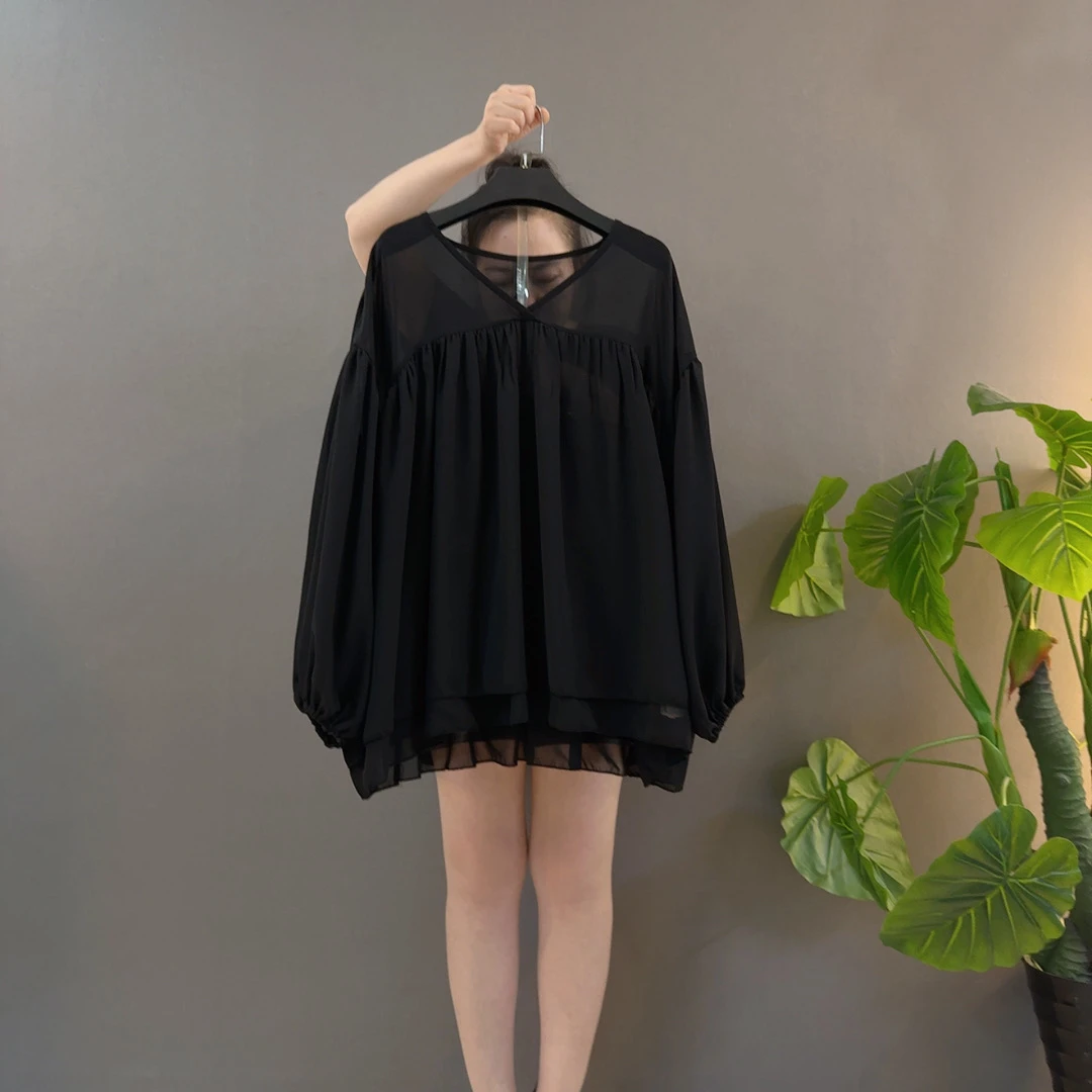 V领宽松灯笼袖雪纺上衣遮肉显瘦百搭气质女神范