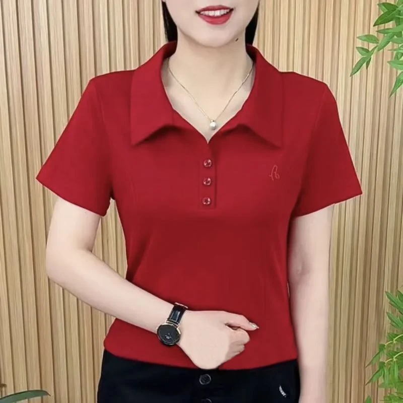 853红色新款时尚妈妈高级短袖t恤女polo衫大码宽松打底上衣翻领