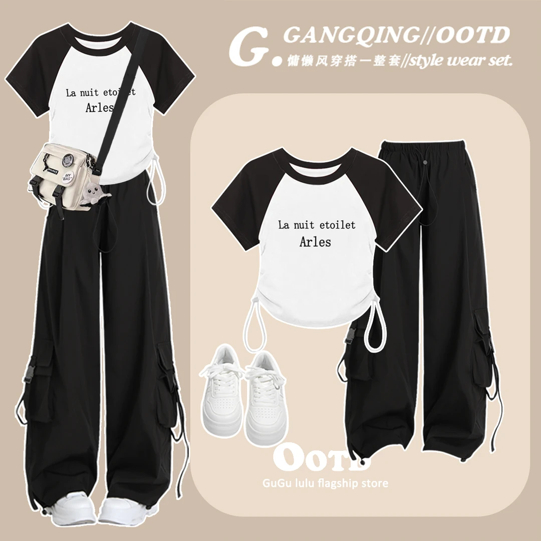 大童抽绳T恤套装夏网红洋气12-15岁初中学生韩版女孩阔腿裤两件套