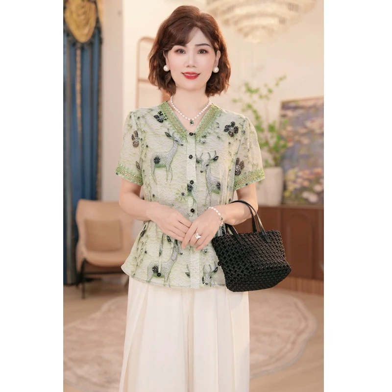 2025新款夏装中年妈妈夏季时尚上衣服洋气中老年女装上衣套装