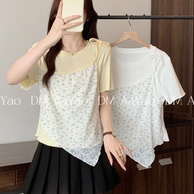 Aayao 2025 Summer #甜妹穿搭的魅力#碎花吊带假两件短袖T恤1288