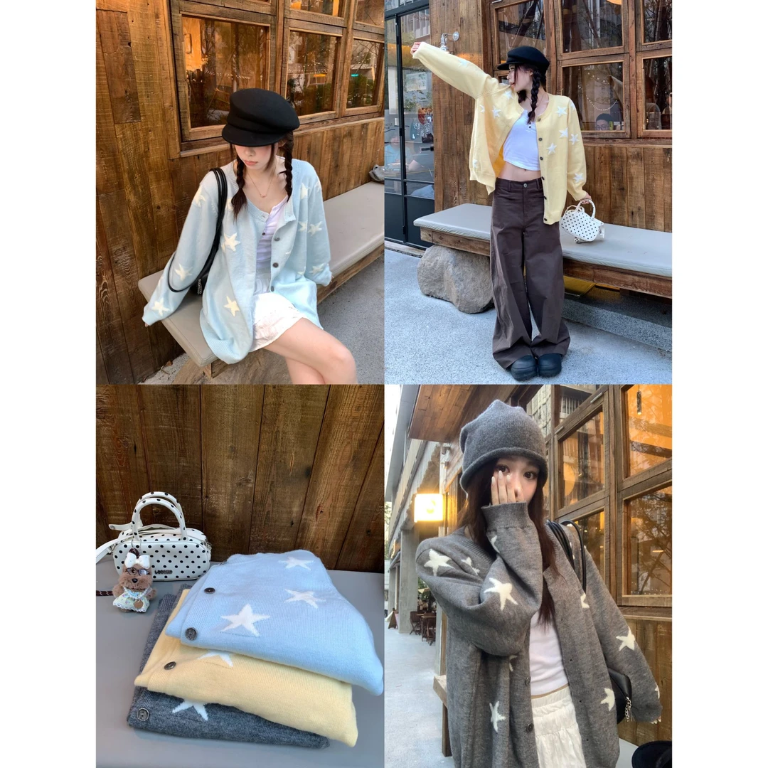 9002大码女装圆领韩系新款星星提花针织开衫宽松显瘦外套上衣