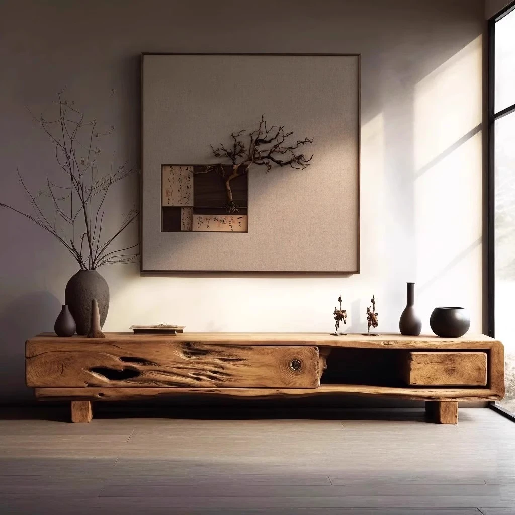 电视柜置物创意原木中古风装饰画新中式调性复古家用侘寂风壁画