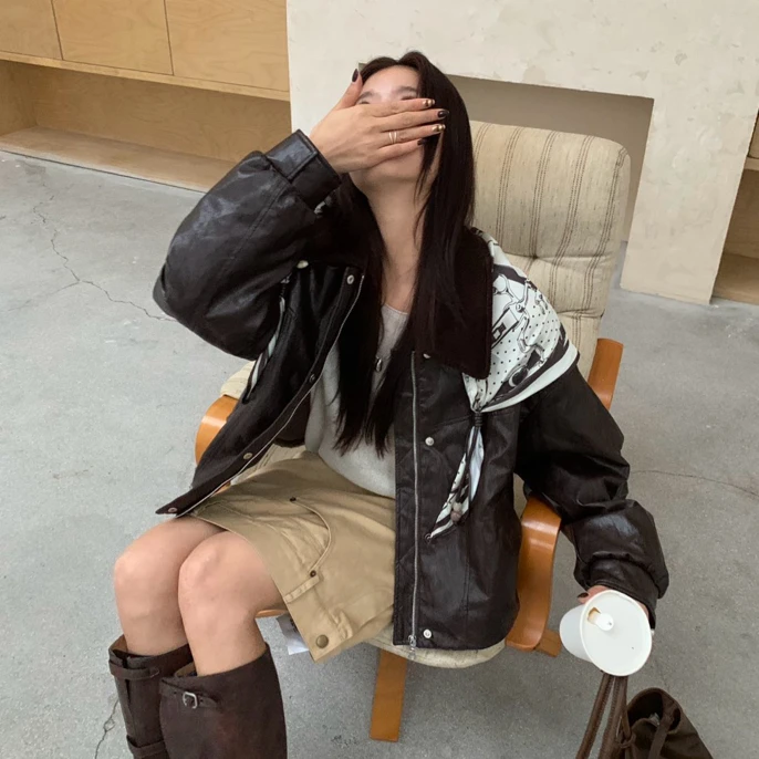 【XSY】冉yan-冬季翻领可拆卸帽子小个子油蜡皮短款丝巾羽绒外套女