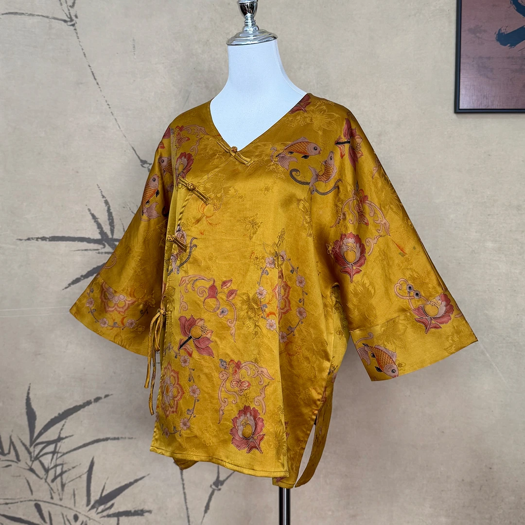 【卷卷新中式】”双鱼锦鲤“香云纱缎面花罗V领斜襟国风上衣