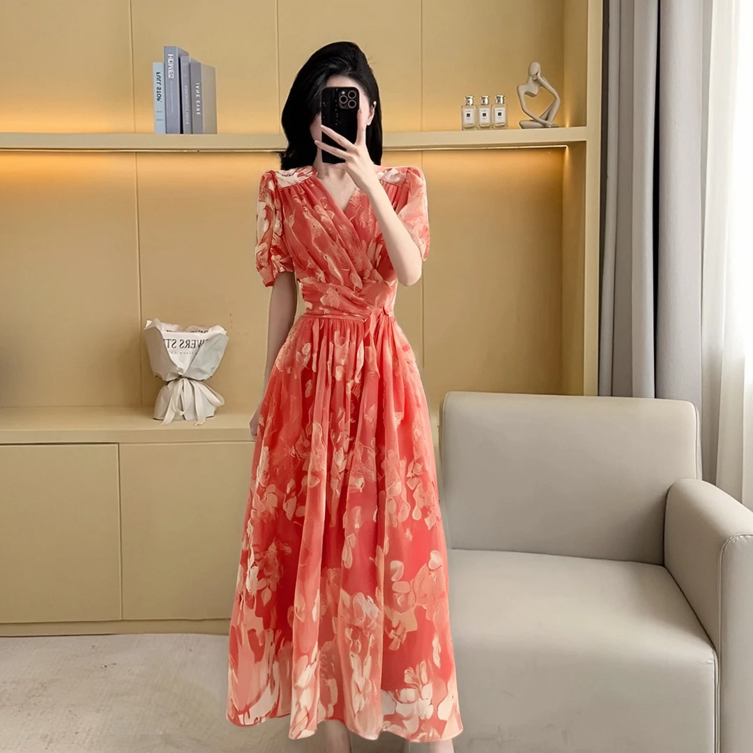 【有里布】2025夏季新款气质优雅法式长裙收腰V领连衣裙女D1543