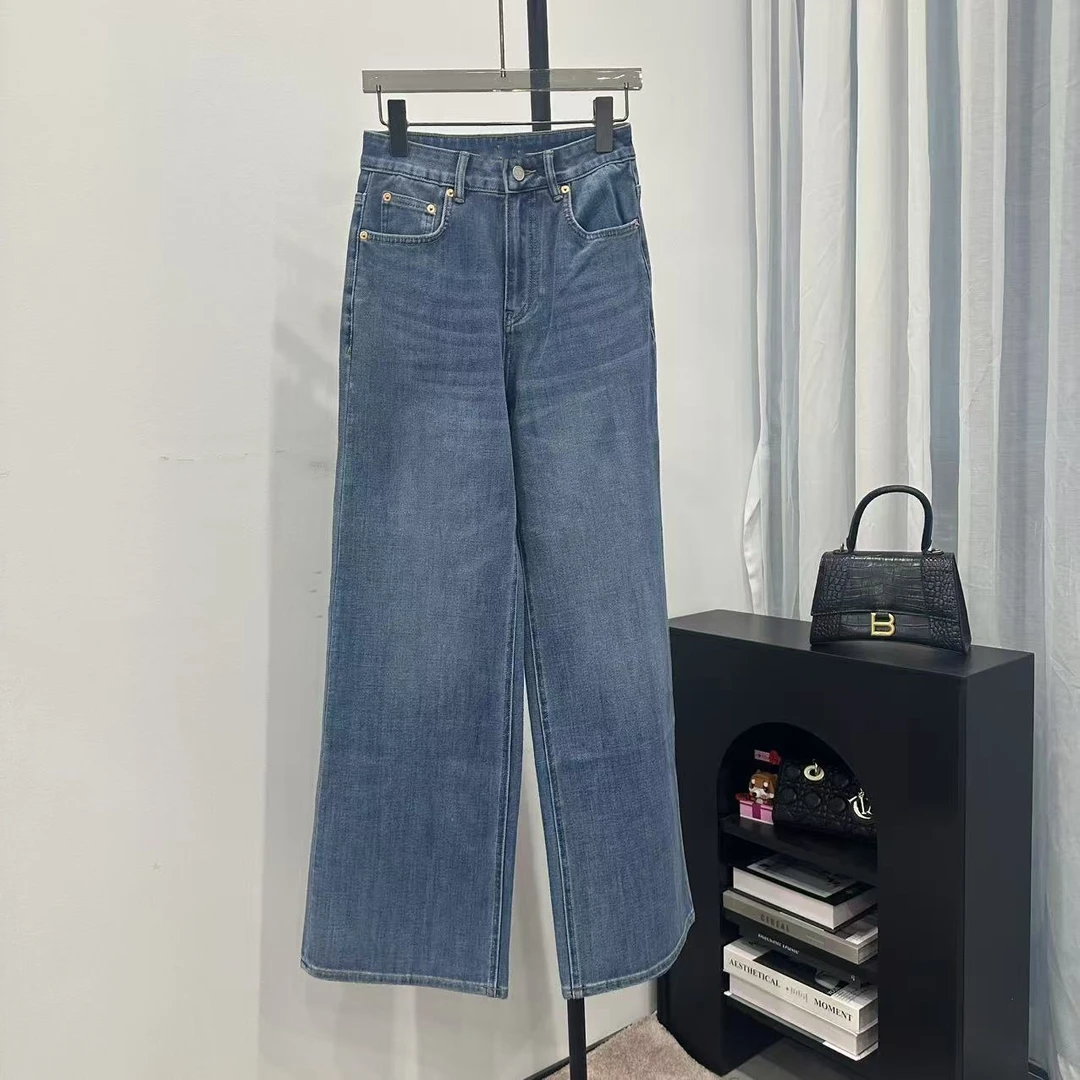 慕溢-25早春蓝色直筒微喇牛仔裤