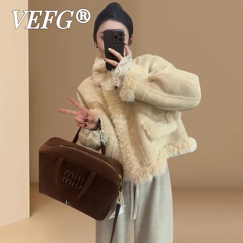 VEFG羊羔毛皮毛一体短外套女2025冬季新款小个子加厚保暖毛毛上衣