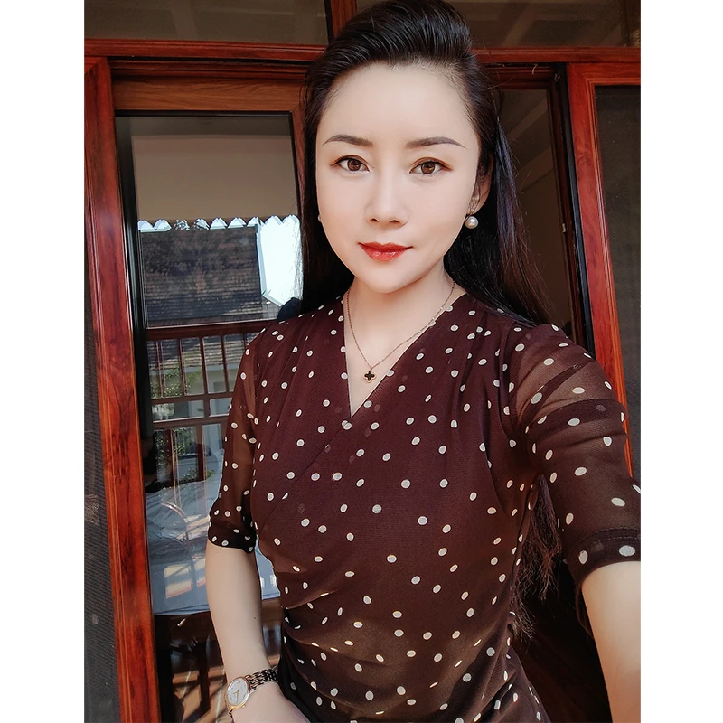 【自由鸟专属】网纱上衣女五分袖2025夏季新款v领网纱气质圆点小衫
