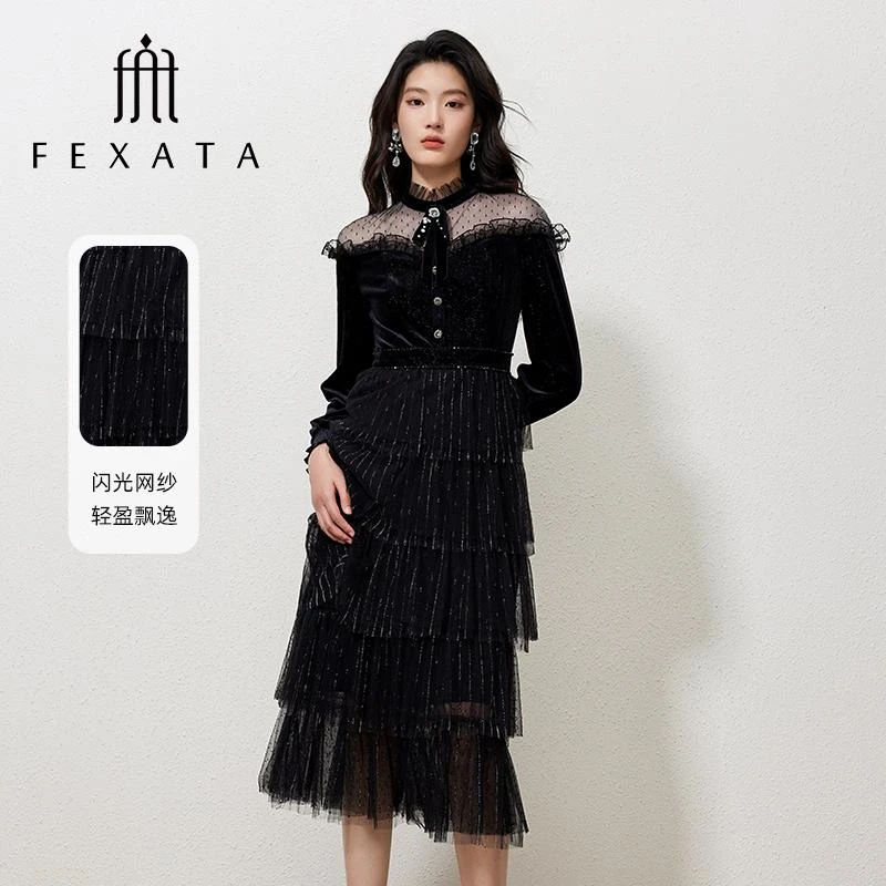 【诗语专属】FEXATA斐格思收腰蛋糕小黑裙蕾丝连衣裙